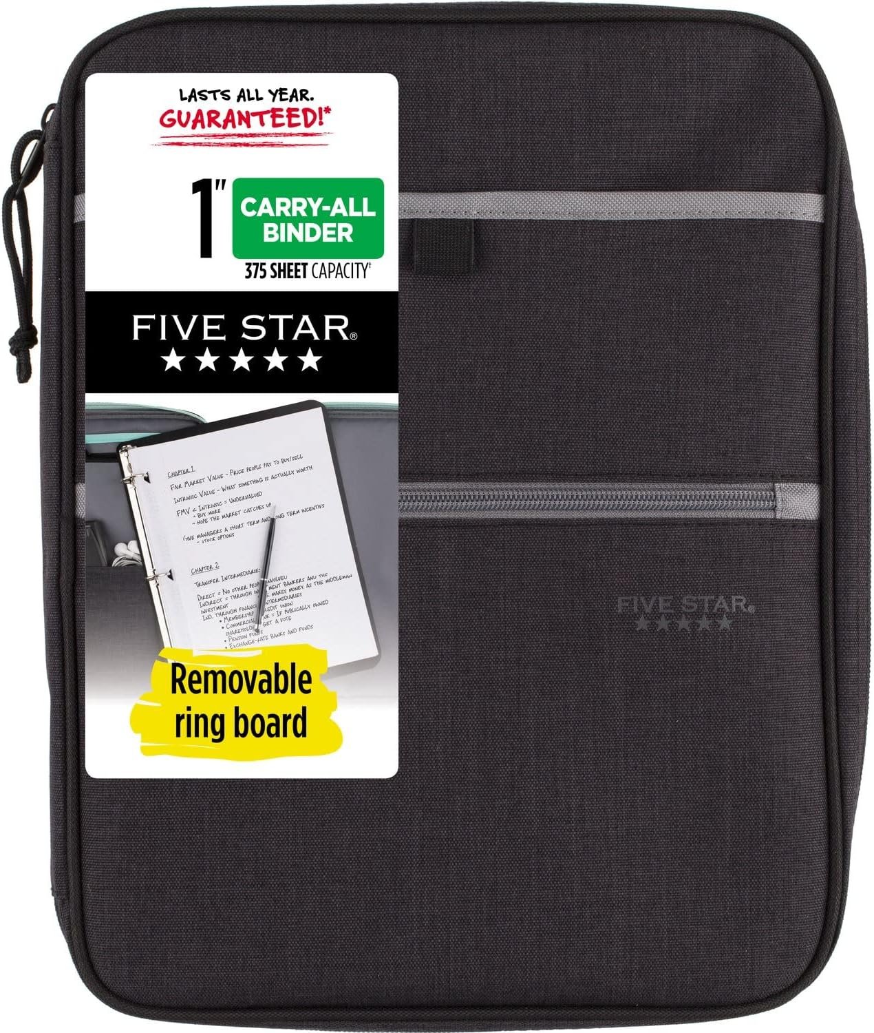 Five Star Zipper Binder, 1 Inch 3-Ring Binder with Round Rings, Carry-All with Pockets and 4-Tab Dividers, 375 Sheet Capacity, Black/Gray (29092IT8)