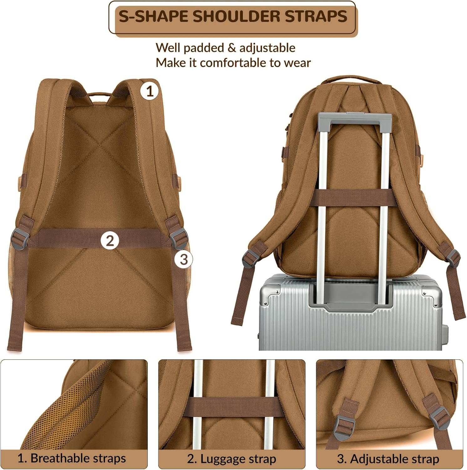 Lohol Water Resistant Daypack with Mulitiple Pockets for Travel Outdoor College, 15.6 inch Laptop Backpack for Men and Women (Brown) - Image 5