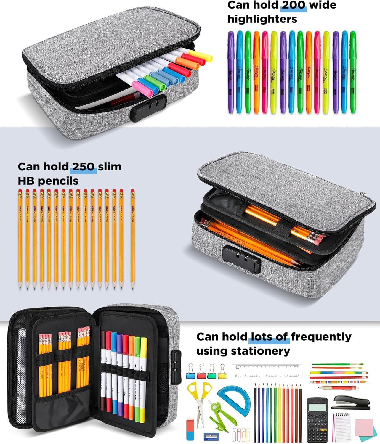 Zannaki Large Capacity Pencil Pouch Case with Lock, Pen Marker Stationery Bag Art Supply Storage Organizer Box for Bullet Journal Middle High School College Student Teen Girl Boy Women Adult, Grey - Image 3