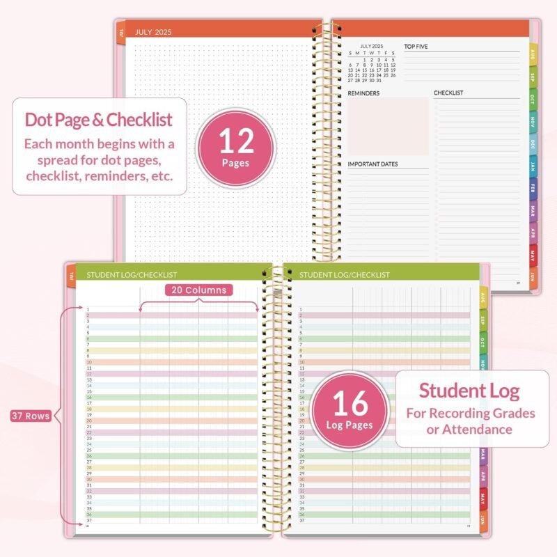 SUNEE Deluxe Teacher Planner 2025-2026, Lesson Planner Book with 7 Periods Jul 2025 - Jun 2026, 8.5" x 11" Daily Weekly and Monthly Organizers with Colorful Tabs, Planning Stickers,120gms Paper, Pink - Image 5
