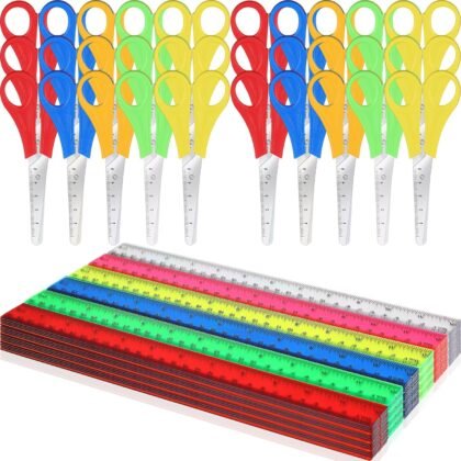 60 Pcs School Supplies Kit Bulk Includes 30 Pcs Safety Blunt Tip Student Scissors 30 Pcs 12 Inch Plastic Rulers Back to School Supply for Student Classroom Office(Multi Colors)