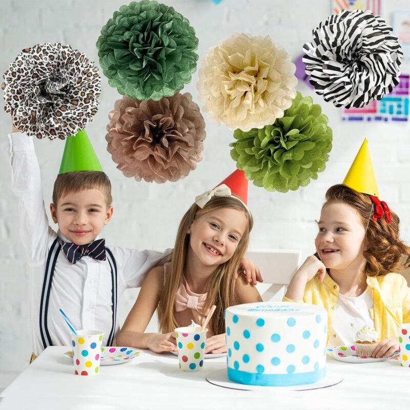 ANSOMO Jungle Safari Tissue Paper Pom Poms Wild Animal Leopard Zebra Print Cheetah Party Decorations Sage Green Brown Flowers Wall Hanging Décor Table Centerpieces Supplies Birthday Bridal Baby Shower - Image 5