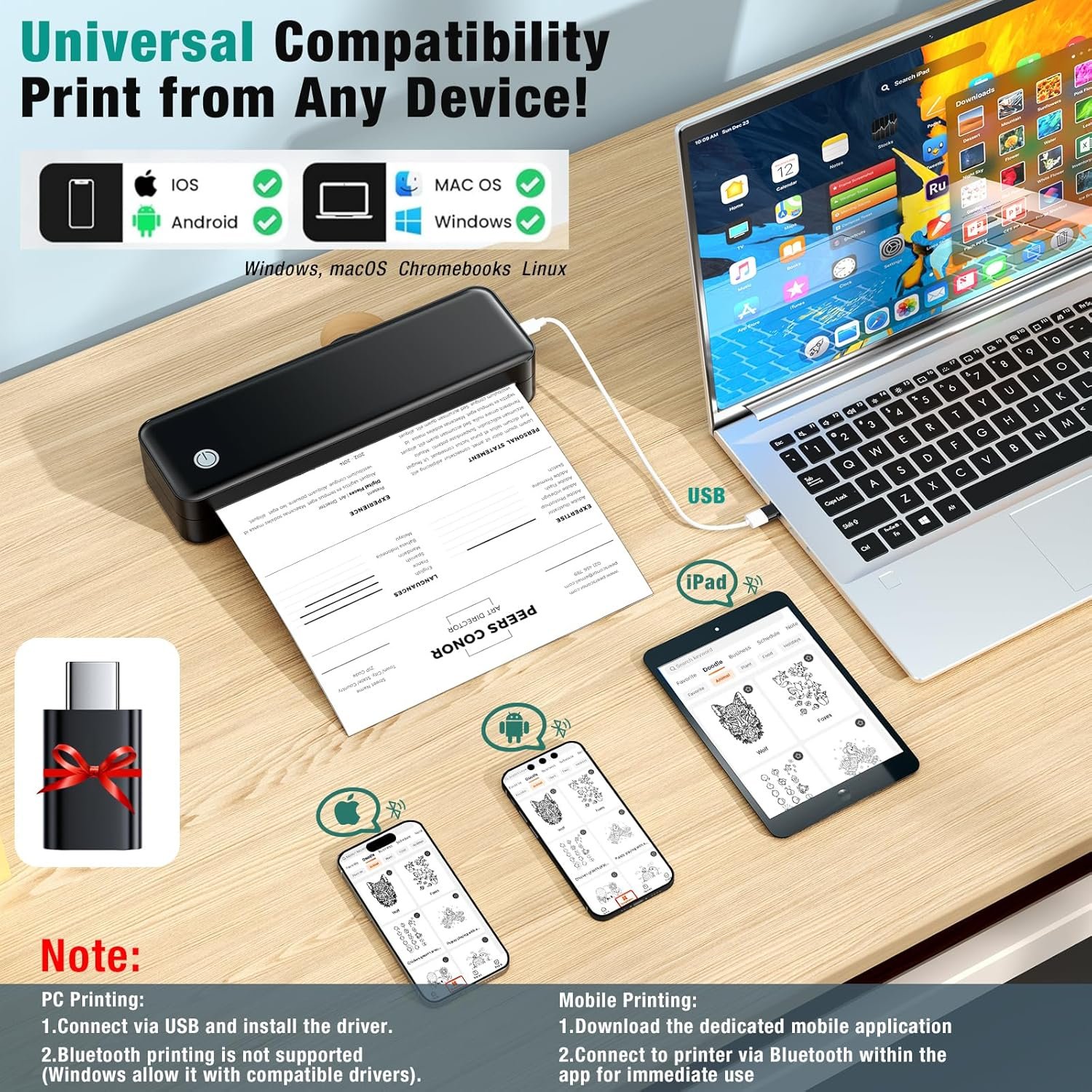Portable Printer Wireless for Travel, Inkless Thermal Printer Supports 8.5 x 11 Inch Thermal Paper, Bluetooth Compatible with iOS, Android, Laptop Includes 2 Rolls & 10 Sheets of Paper Kit - Image 2