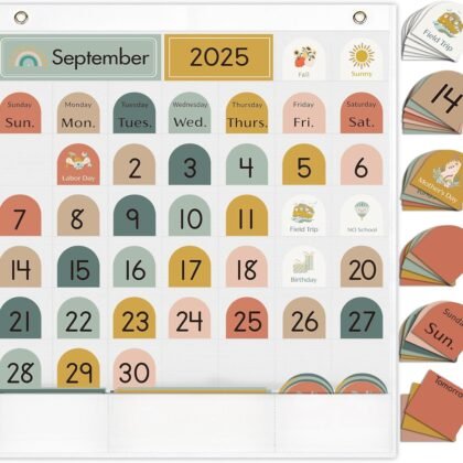 Classroom Monthly Calendar Pocket Chart for Kids Learning, 105 Cards Wall Boho Calendar and Weather, Teacher Supplies for Kindergarten Preschool Elementary Homeschool
