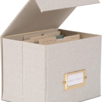 ZICOTO Beautiful Greeting Card Organizer Box With Dividers - Sturdy Linen Storage Box Easily Organizes All Your Greeting Cards in Style - Cute Card Holder Safely Stores Up to 300 Small Or Large Cards