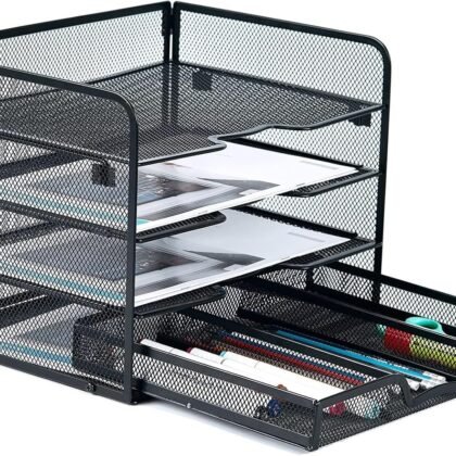 SETTFRFE 4 Tier Mesh Paper Letter Tray,Desk File Organizer with A Sliding Drawer,Office Supplies Desk Organizer for Home Office,Black.