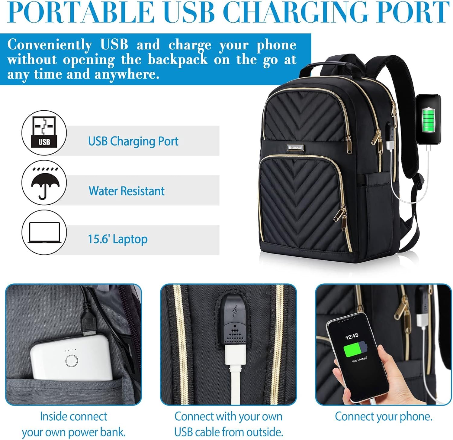 Travel Laptop Backpack, School Backpack for Teen Girls, 15.6 Inch Quilted Work Backpack Purse with USB Charging Port, Large Anti-theft Bookbag for Students, Casual Daypacks for Women,Black - Image 3