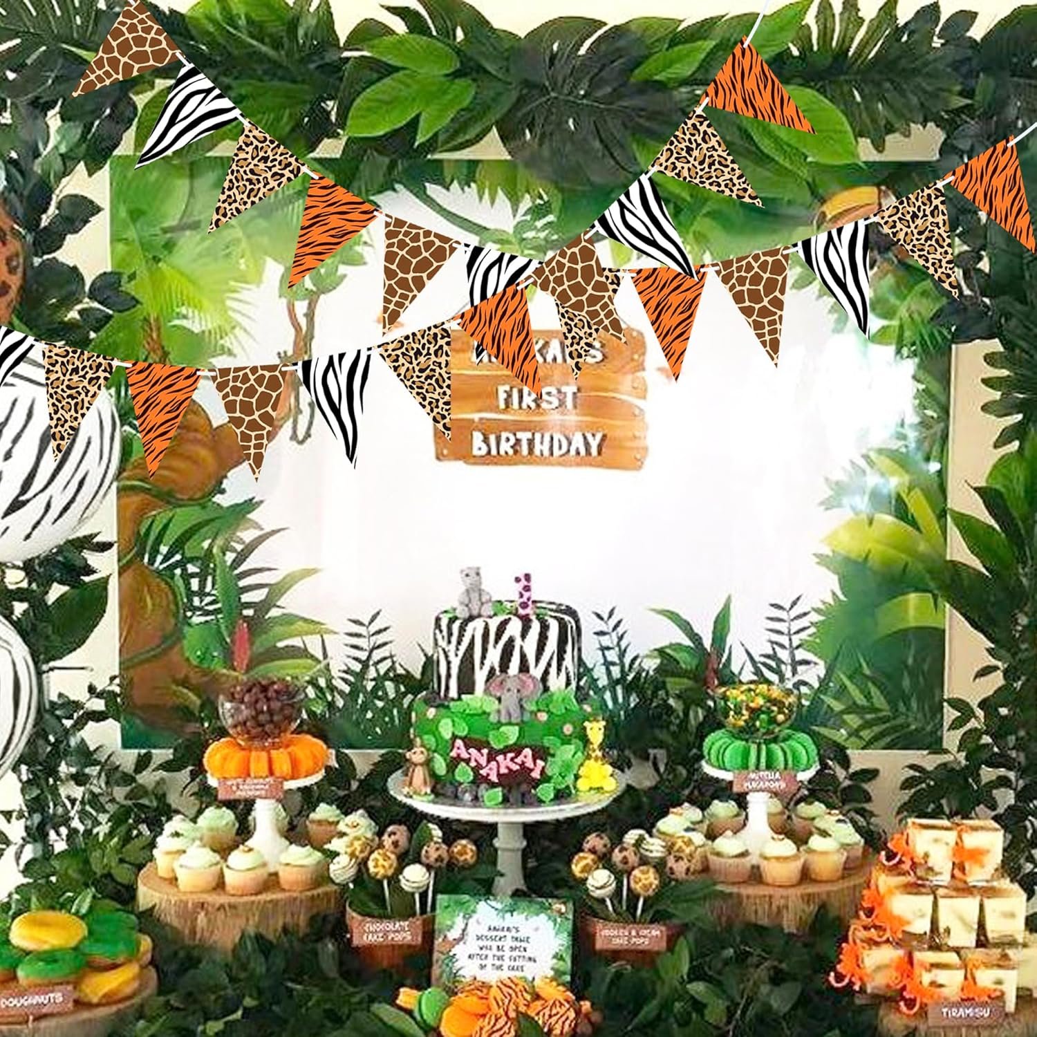 2 Pieces Animal Print Pennant Banner Jungle Theme Party Supplies Safari Birthday Party Decorations, Jungle Safari Birthday Banner for Animal Zoo Party Decor - Image 6