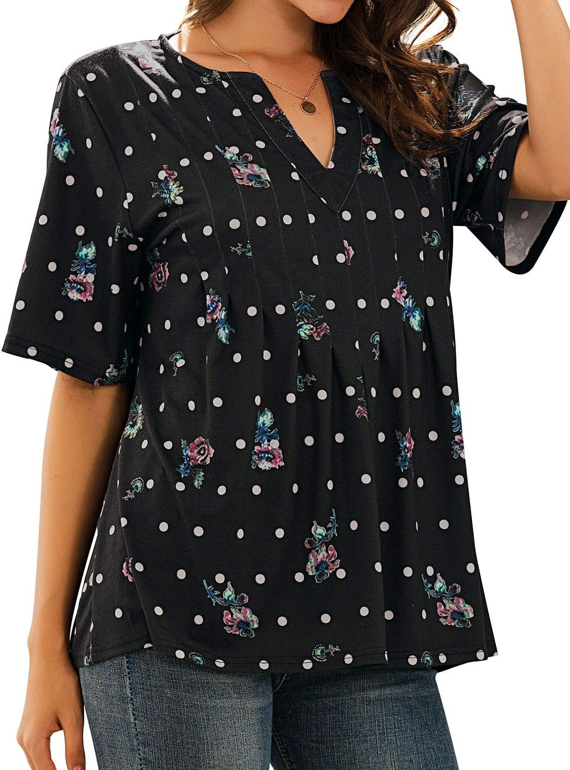 WLLW Women Bohemian Short Sleeve V Neck Floral Print T Shirt Babydoll Shirt Blouse Tunic Top (Black, M) - Image 3