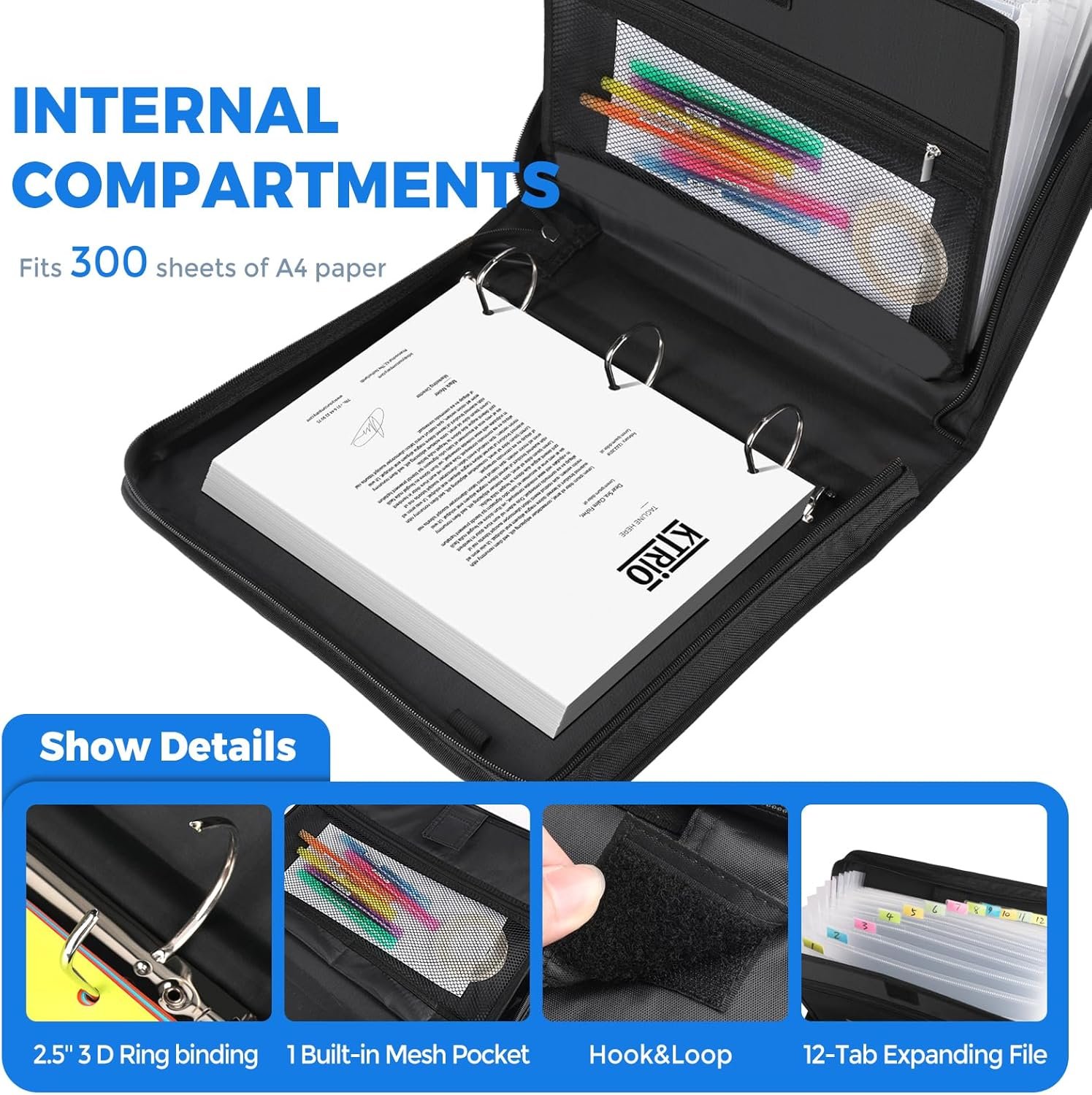 KTRIO Zipper Binder, Zippered Binder Bag with Handle and Shoulder Strap, Binder with 12 tabs, 2.5" 3 D Ring Zip Up Binder, Multi Pocket Organizer Binder, 300 Sheet Capacity, Black - Image 3