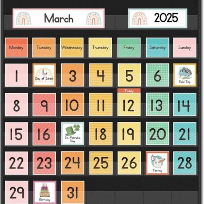 Eamay Rainbow Colorful Calendar Pocket Chart for Kids,Preschool Kindergarten Classroom Elementary Must Haves,Classroom Decorations Decor,Homeschool Teacher Supplies,Back to School Supplies