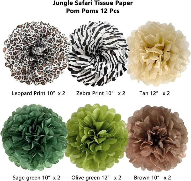 ANSOMO Jungle Safari Tissue Paper Pom Poms Wild Animal Leopard Zebra Print Cheetah Party Decorations Sage Green Brown Flowers Wall Hanging Décor Table Centerpieces Supplies Birthday Bridal Baby Shower - Image 2