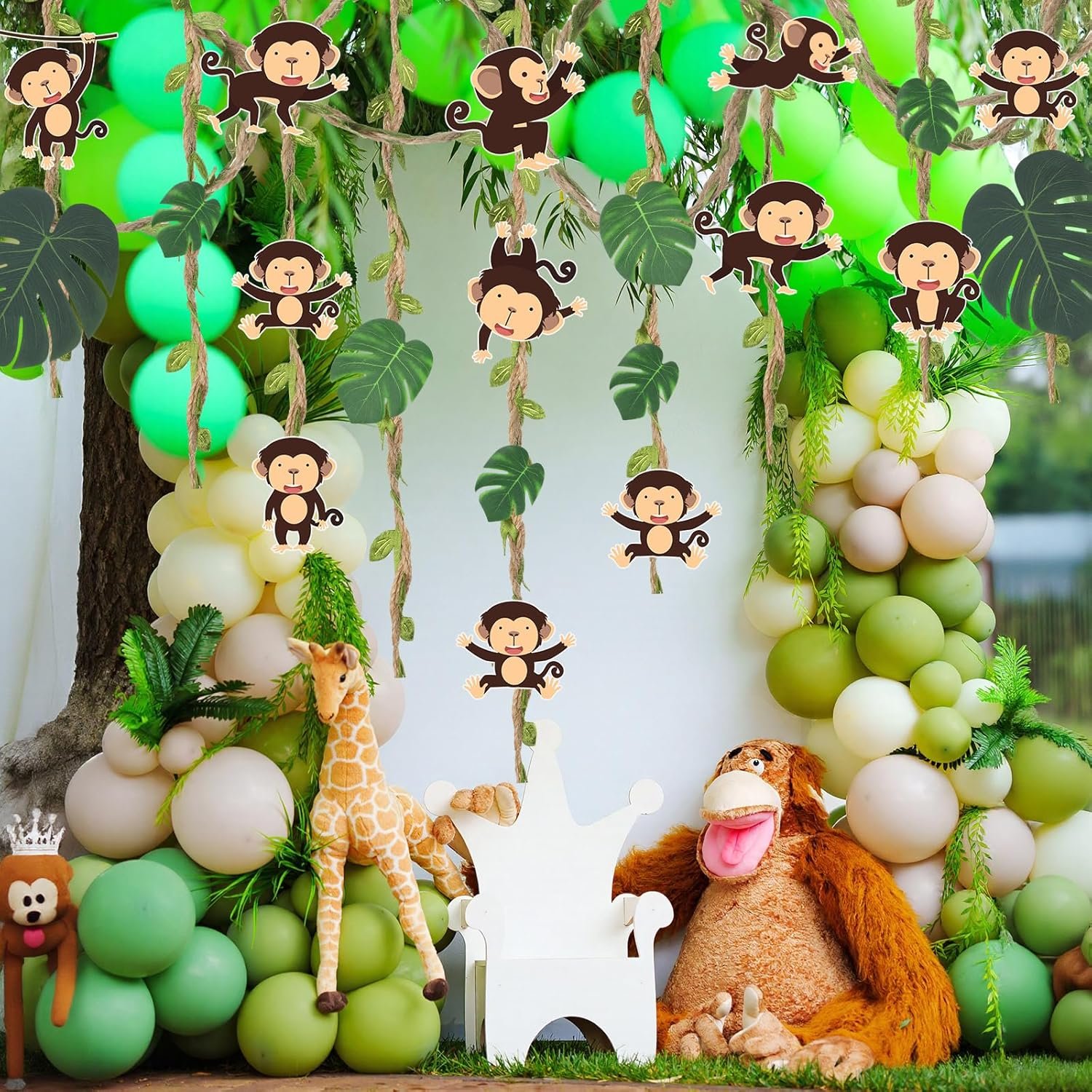 Ctosree 49 Pcs Jungle Party Decorations Safari Jungle Classroom Door Border Burlap Leaf Ribbon Tropical Palm Leaves Monkey Cutouts Wild Bulletin Board Hanging Banner Wall Decor for Birthday Party - Image 6