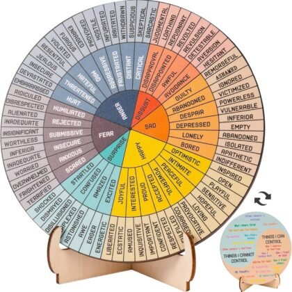 Feelings Wheel Therapy Office Desk Decor - 10.6" Large Double Sided Mental Health Emotions Chart with Stand, Therapist Gifts for Home Office Women Man