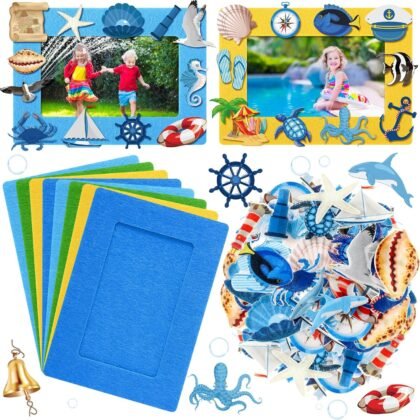 Marsui 232 Pieces Summer Ocean Beach DIY 5'' x 7'' Picture Frame Craft Kit 32 Summer Under The Sea Felt Photo Frames and 200 Foam Stickers for Holiday Game Activities(Ocean,Cool Color)
