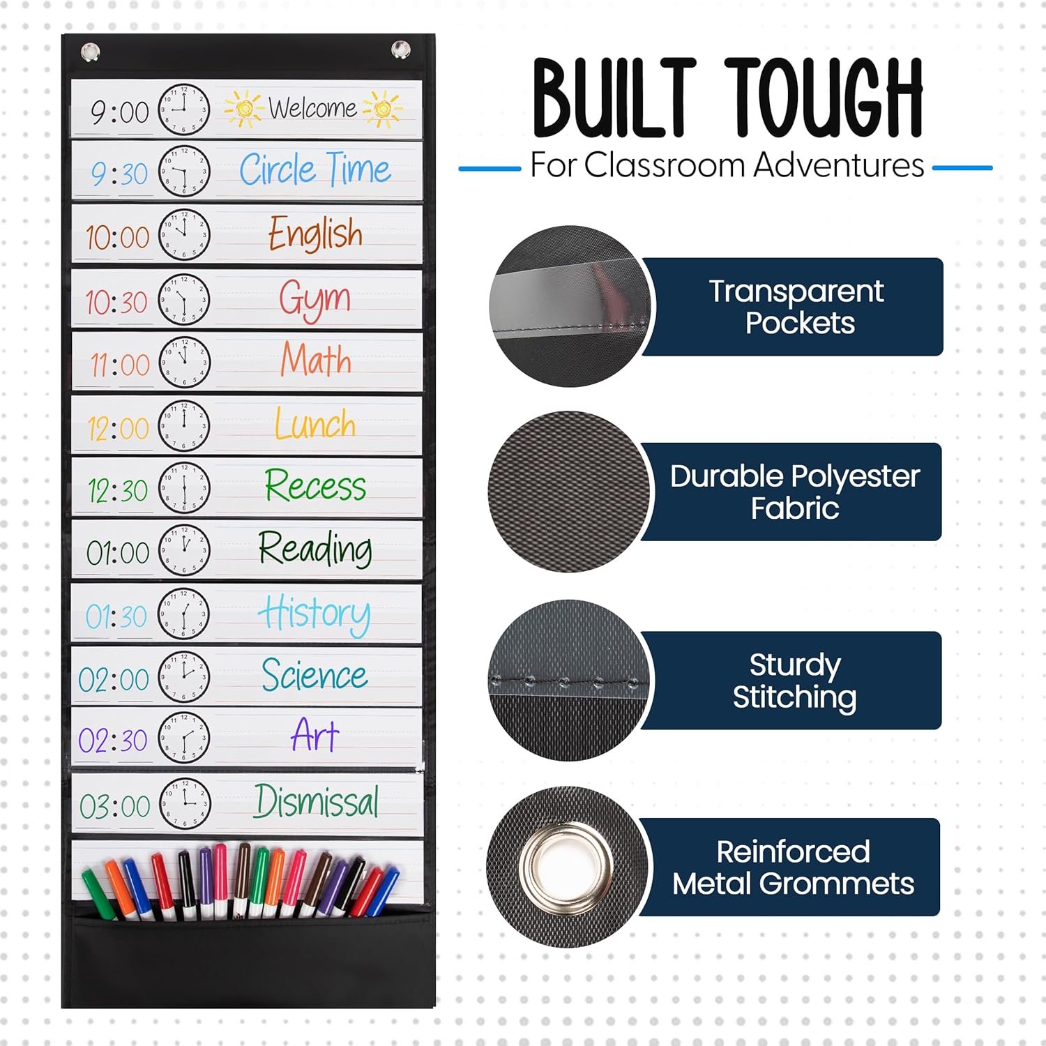 Essex Wares - 13 Pocket Daily Schedule Pocket Chart, Ultra-Durable Visual Schedule for Kids - Easy to Use, Reusable Daily Schedule for Kids - Reversible Chart for Sentence Strips - Image 4