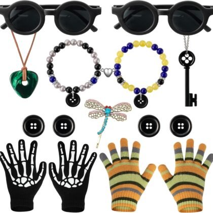 Halloween Button Eyes Cosplay Accessories Set - 15PCS Coraline and Wybie Inspired Costume Kit with Skull Gloves, Key Necklace, Button Bracelets and Glasses Gifts for Women Men Fans