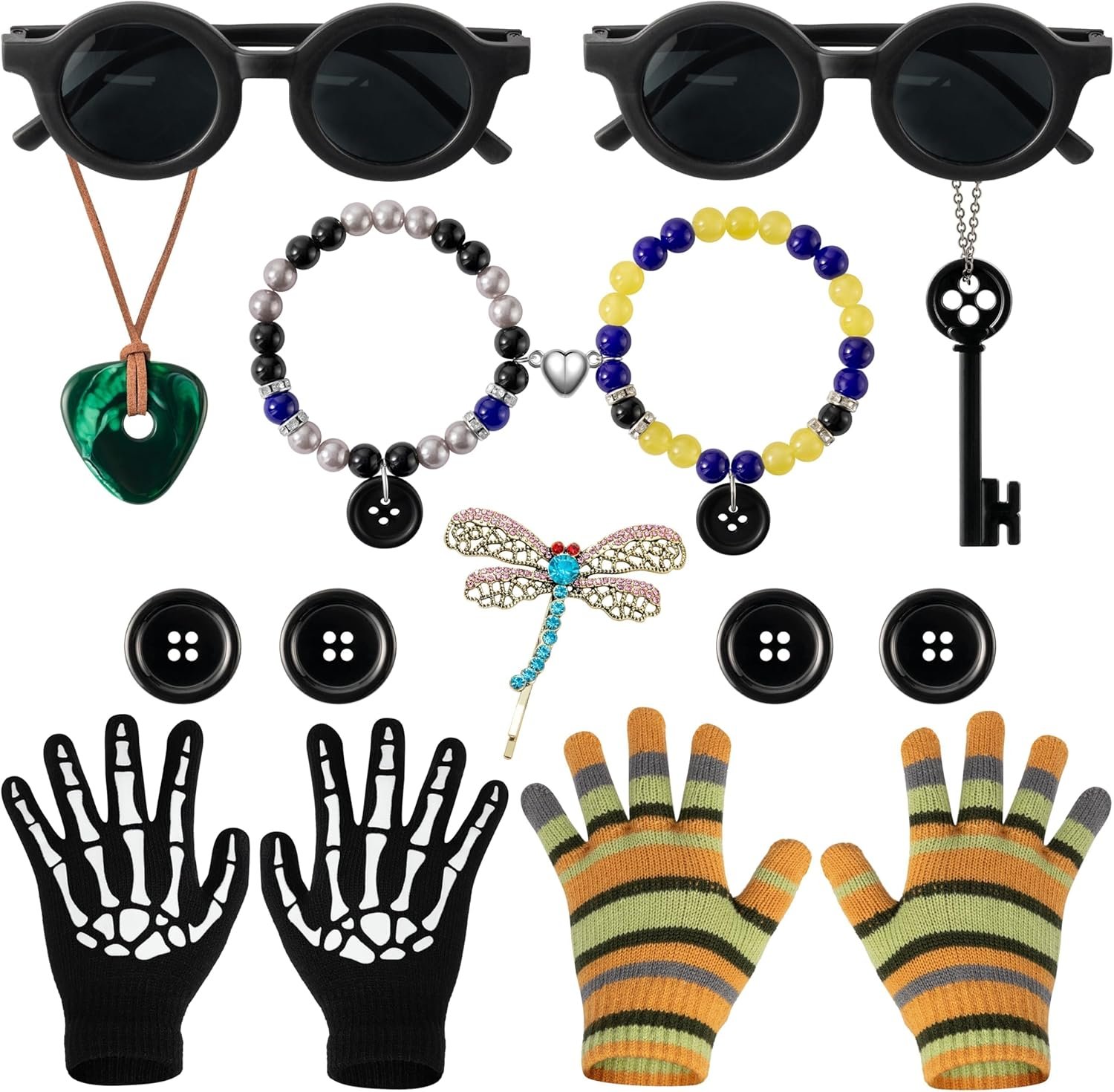 Halloween Button Eyes Cosplay Accessories Set - 15PCS Coraline and Wybie Inspired Costume Kit with Skull Gloves, Key Necklace, Button Bracelets and Glasses Gifts for Women Men Fans