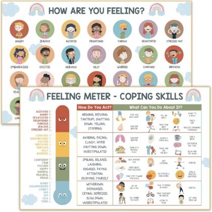 Feelings Chart for Kids - Coping Skills Emotions Chart Poster - Calm Down Corner Supplies - Mental Health Posters for Kids - School Counselor Psychologist Toddler Preschool Homeschool Decoration