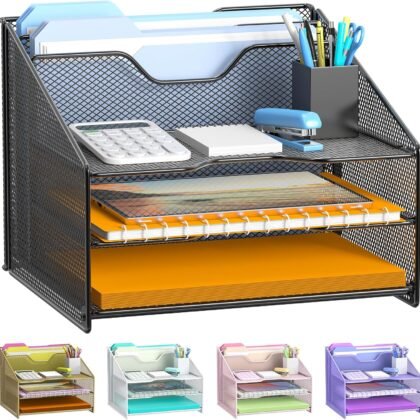 Samstar Desk File Organizer, Mesh Letter File Folder Holder with 3 Paper Trays and 2 Vertical Upright Section, for Office Supplies,Desk Accessories & Workspace,Black.