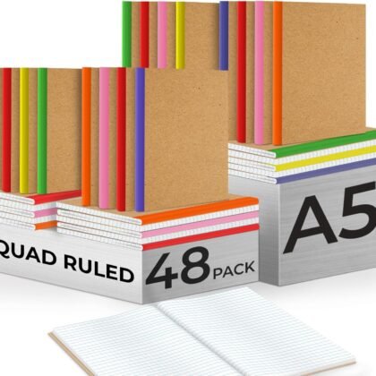 48 Pack Bulk Graph Paper Composition Notebook, 120 Pages (60 Sheets), Bulk Quad Ruled, Kraft Cover Notebook, A5 Paper, Graph Notebooks, Grid A5 Notebooks, Assorted Rainbow Spines