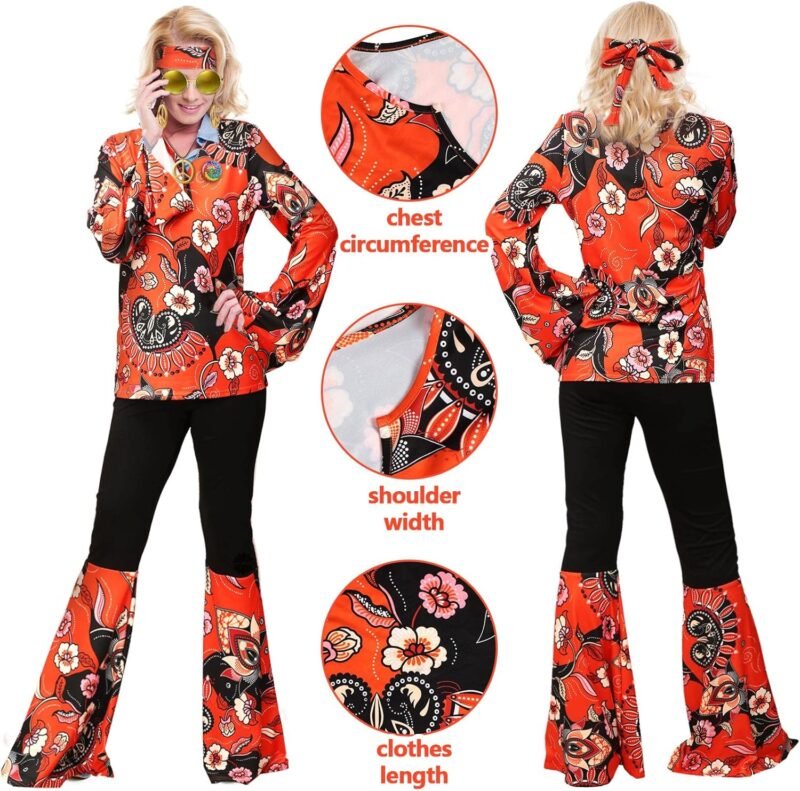 Jiuguva 17Pcs 60s 70s Outfits for Women Hippie Costume Set Disco Outfit Dress Boho Flared Pants Hippie Shirt Headband - Image 4