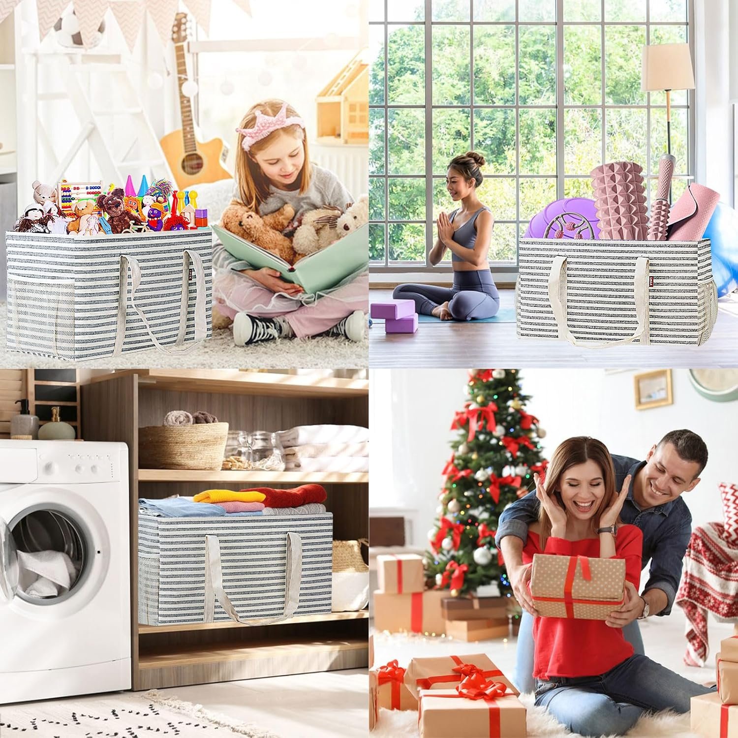 LHZK Standing Extra Large Utility Tote Bag with Metal Wire Frame and the Sides Rinforced, Extra Large Tote Bag with Handle, Reusable Grocery Bags Foldable, Beach Bag, Car Tote (Gray) - Image 3