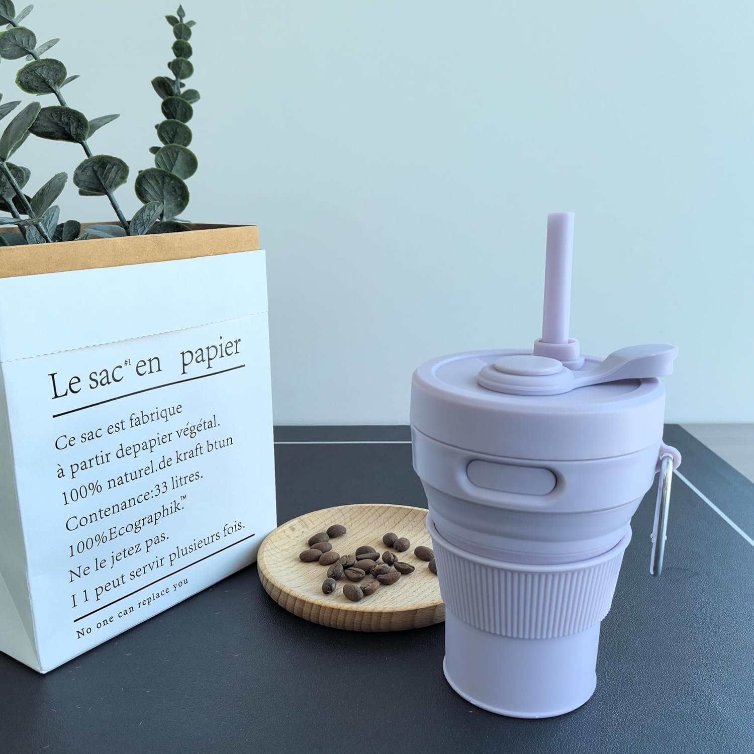 Silicone Collapsible Travel Mug Purple 15oz / 450ml - Leak-Proof Reusable Silicone Water Bottle for Hot and Cold Beverages - Travel Office and Home - Dishwasher Safe - Straw Included - Image 4