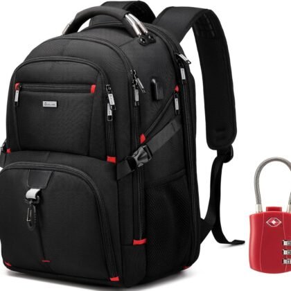 DUSLANG 50L Travel Laptop Backpack with Red Lock for Men Women, Extra Large Heavy Duty Big Carry on Backpack for Weekend Airline Approved Fits 17 Inch Computer, Black