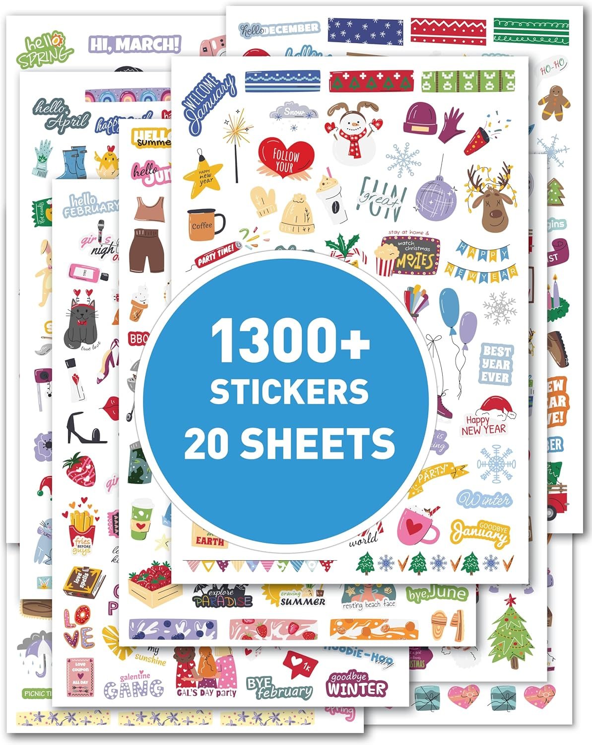 Holiday Seasonal Planner Sticker - Daily, Weekly & Monthly Calendar Stickers for Women, Men, Kids, Teachers & Students - Over 1300 Unique Hand-Drawn Stickers on 20 Sheets Per Pack!
