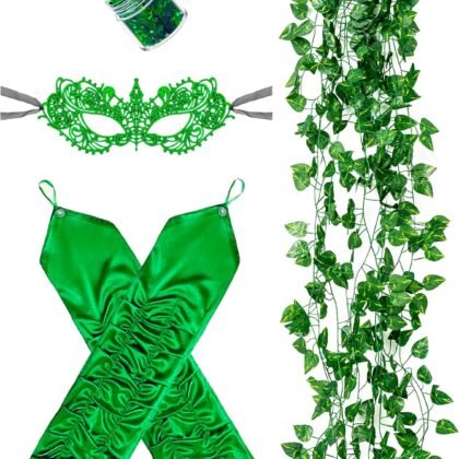 Halloween ivy costume accessories, Included Long Green Fingerless Gloves 5 Pieces Artificial Ivy Vines Green Masks for Halloween Women Cosplay