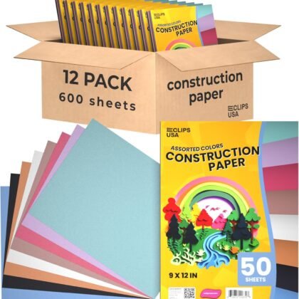 Construction Paper Bulk (600 Sheets) 9 x 12 Construction Paper for Kids, Color Art Paper, Assorted Colors, 50 Sheets Per Pack, (12 Pack)