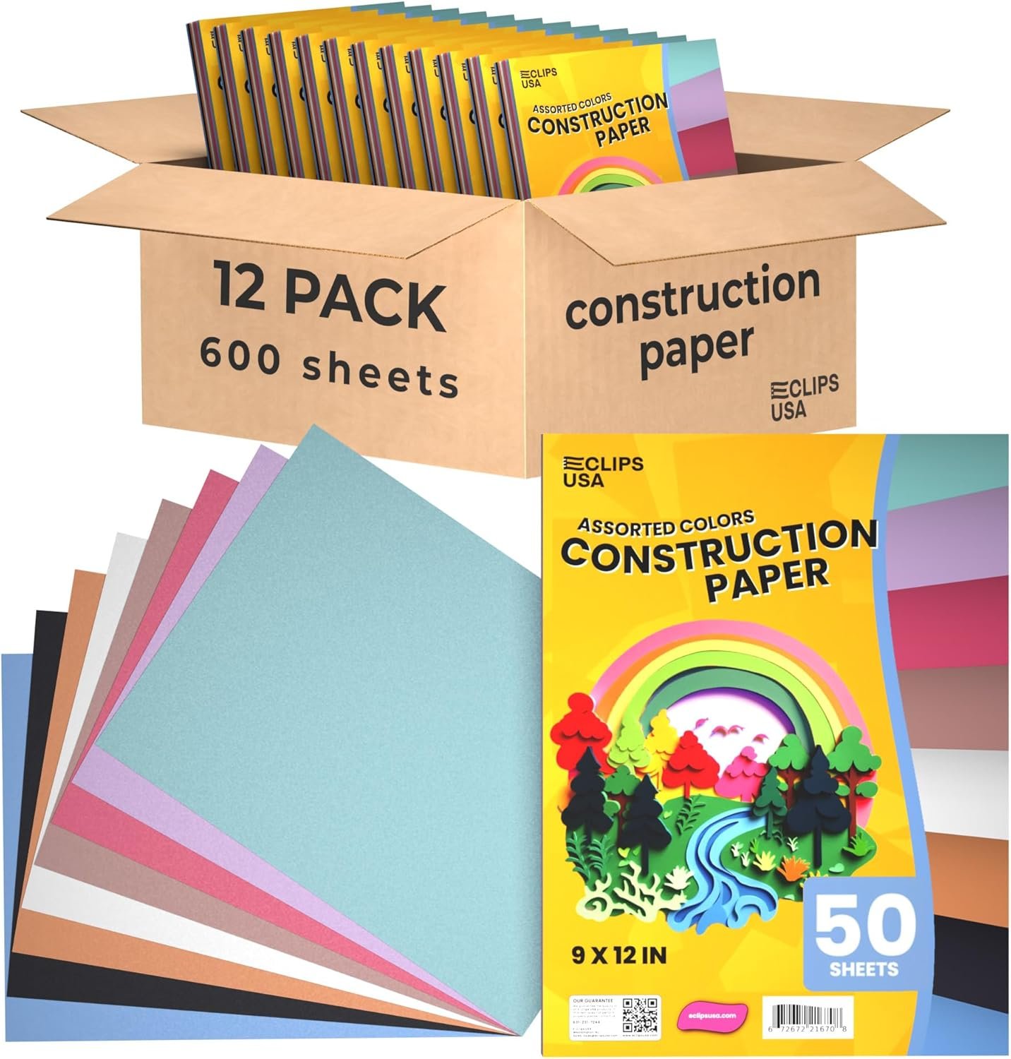 Construction Paper Bulk (600 Sheets) 9 x 12 Construction Paper for Kids, Color Art Paper, Assorted Colors, 50 Sheets Per Pack, (12 Pack)