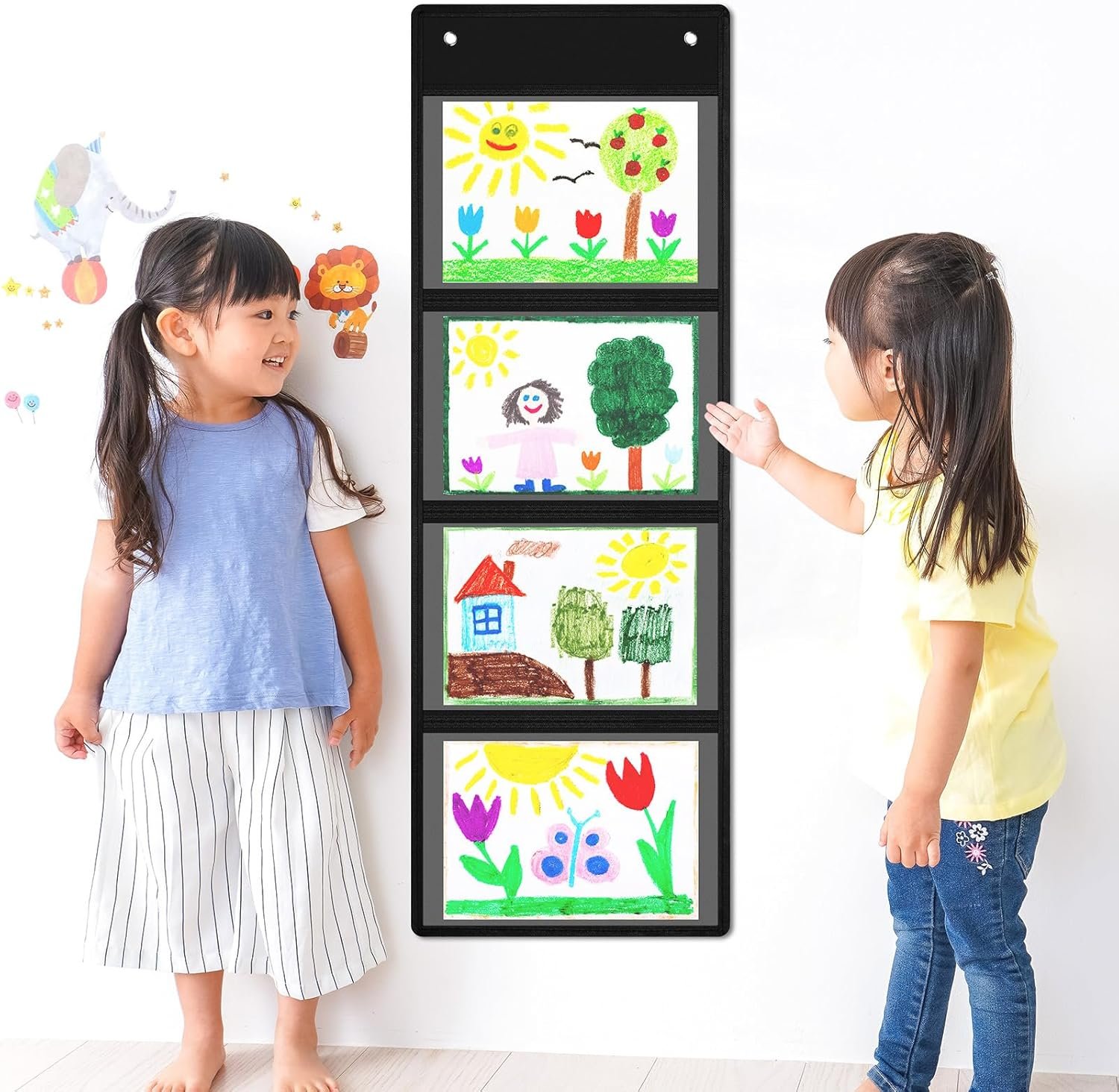 2 Pcs Storage Pocket Chart for Classroom 37.4 x 13 in, 4 Pockets Hanging Wall File Organizer for Cards, Drawing, Pictures, Class Demonstrations, Homework, Teacher Office Organization (Black) - Image 3