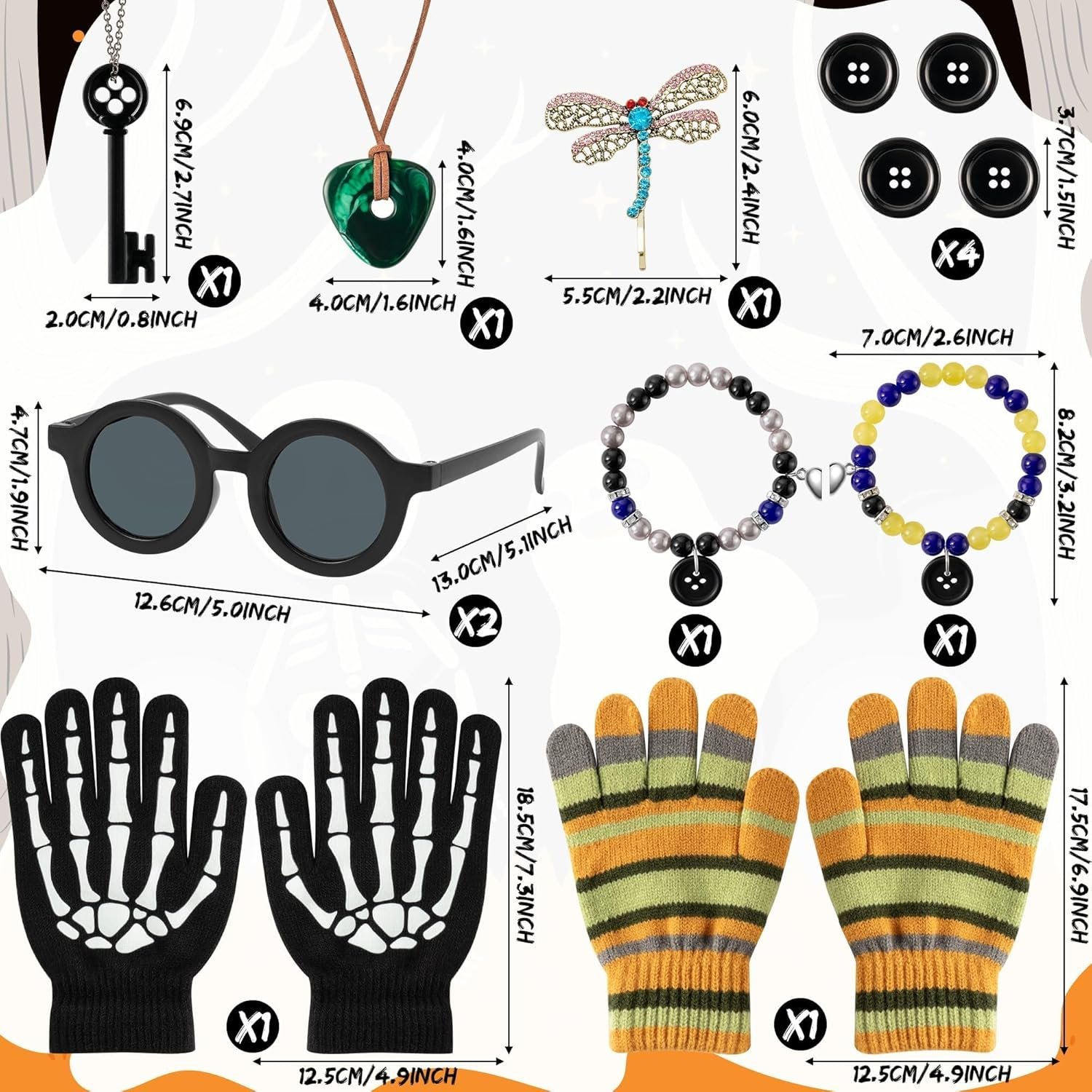 Halloween Button Eyes Cosplay Accessories Set - 15PCS Coraline and Wybie Inspired Costume Kit with Skull Gloves, Key Necklace, Button Bracelets and Glasses Gifts for Women Men Fans - Image 2