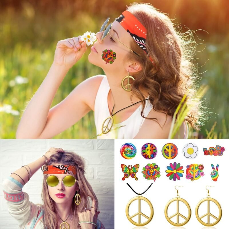 Jiuguva 17Pcs 60s 70s Outfits for Women Hippie Costume Set Disco Outfit Dress Boho Flared Pants Hippie Shirt Headband - Image 5