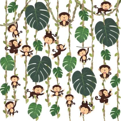 Ctosree 49 Pcs Jungle Party Decorations Safari Jungle Classroom Door Border Burlap Leaf Ribbon Tropical Palm Leaves Monkey Cutouts Wild Bulletin Board Hanging Banner Wall Decor for Birthday Party