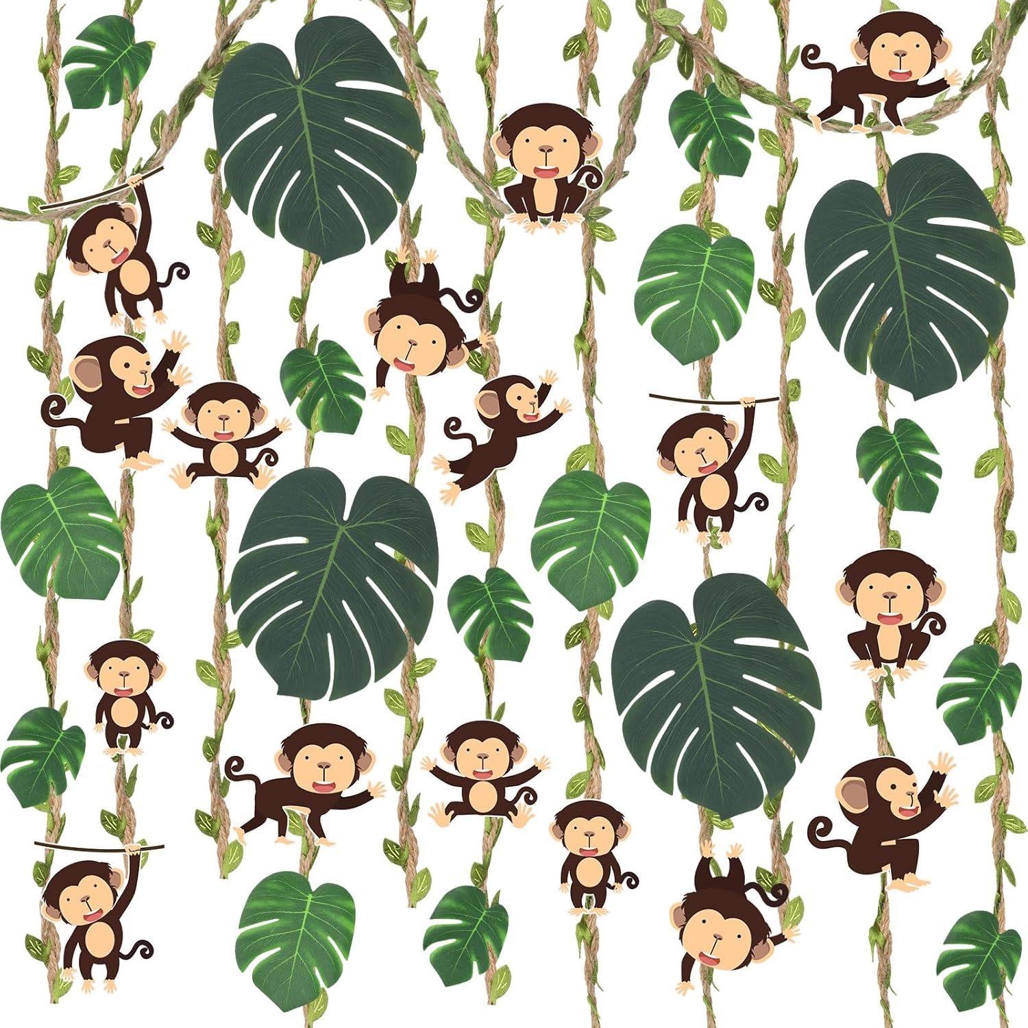 Ctosree 49 Pcs Jungle Party Decorations Safari Jungle Classroom Door Border Burlap Leaf Ribbon Tropical Palm Leaves Monkey Cutouts Wild Bulletin Board Hanging Banner Wall Decor for Birthday Party