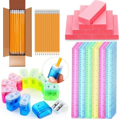 Tenceur 150 Pcs Bulk Back to School Supplies for Kids Include 60 Pre Sharpened Pencils 30 Pcs 12 Inch Plastic Ruler 30 Double Hole Small Manual Pencil Sharpener 30 Pink Erasers School Supply Kit