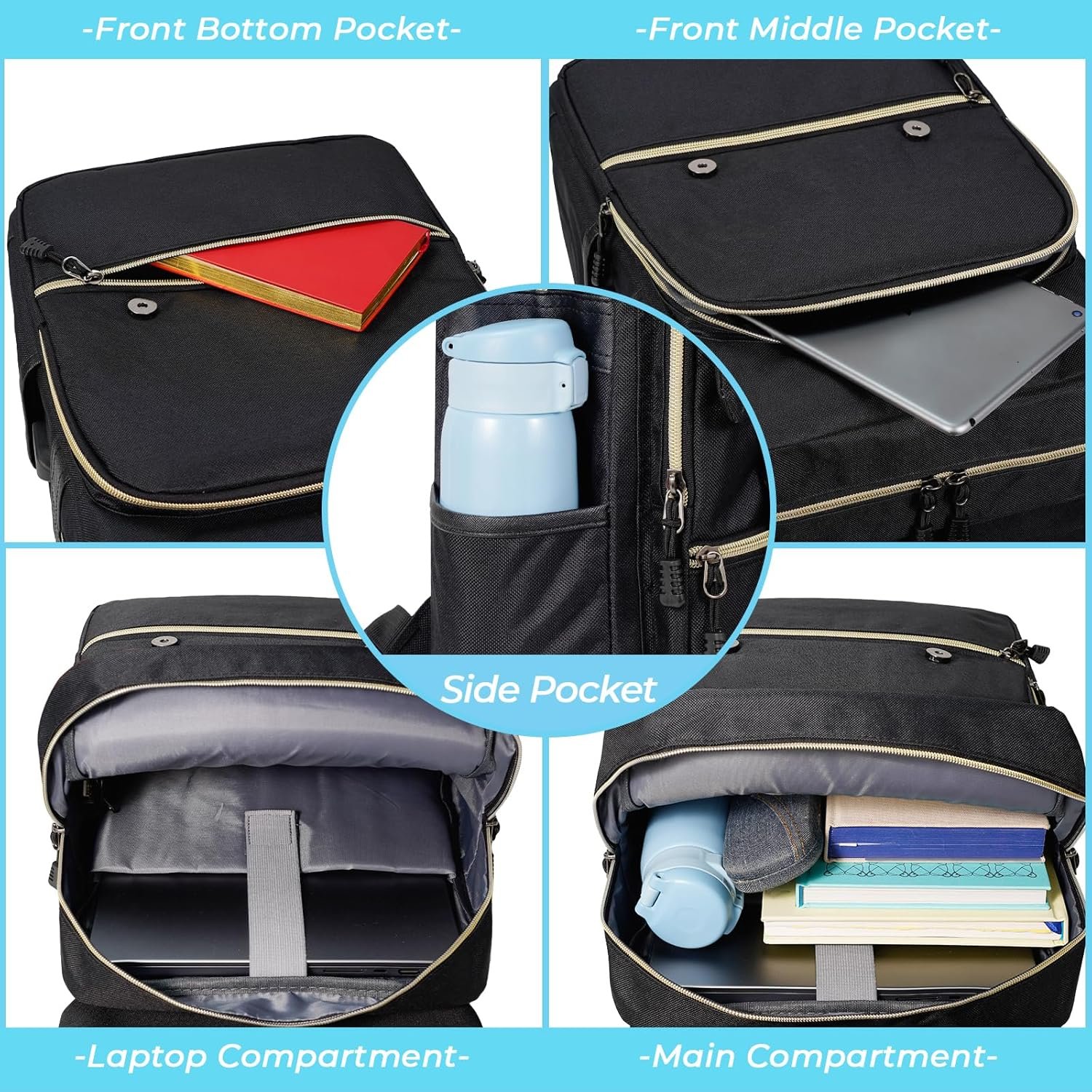 Ronyes Vintage Laptop Backpack for Women Men,15.6 inch Bookbag Casual Daypack with USB Charging Port for College Work, All Black Backpacks - Image 5