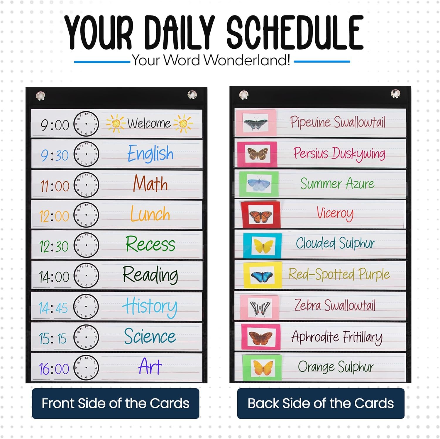 Essex Wares - 13 Pocket Daily Schedule Pocket Chart, Ultra-Durable Visual Schedule for Kids - Easy to Use, Reusable Daily Schedule for Kids - Reversible Chart for Sentence Strips - Image 5