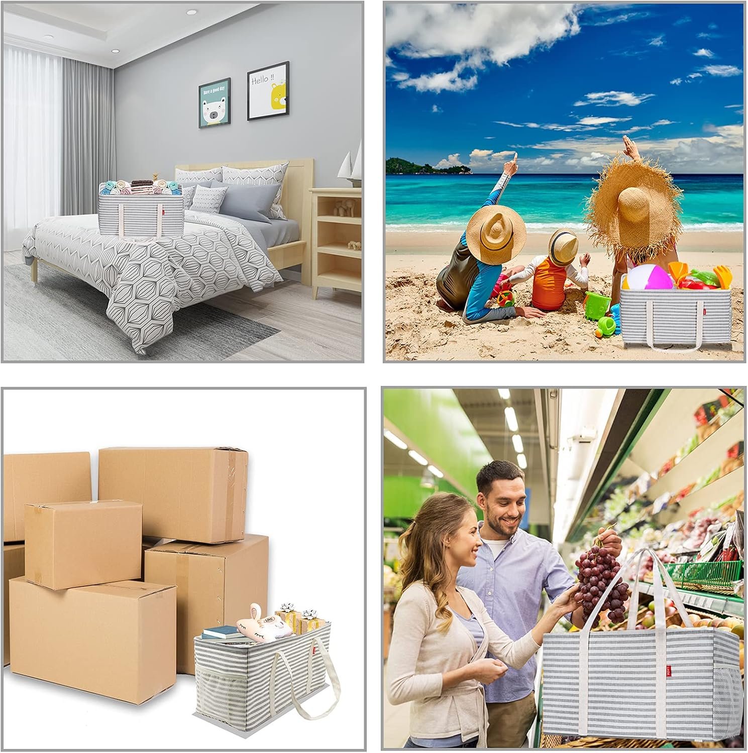 LHZK Standing Extra Large Utility Tote Bag with Metal Wire Frame and the Sides Rinforced, Extra Large Tote Bag with Handle, Reusable Grocery Bags Foldable, Beach Bag, Car Tote (Gray) - Image 7