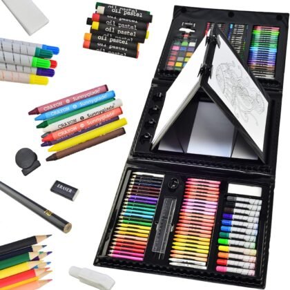 Sunnyglade 185 Pieces Double Sided Trifold Easel Art Set, Drawing Art Box with Oil Pastels, Crayons, Colored Pencils, Markers, Paint Brush, Watercolor Cakes, Sketch Pad