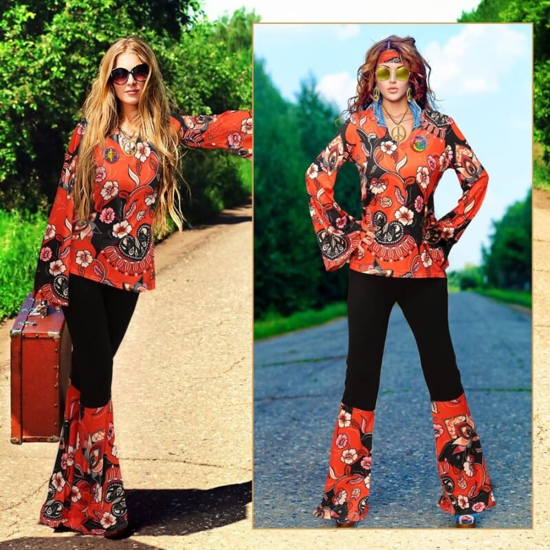 Jiuguva 17Pcs 60s 70s Outfits for Women Hippie Costume Set Disco Outfit Dress Boho Flared Pants Hippie Shirt Headband - Image 7