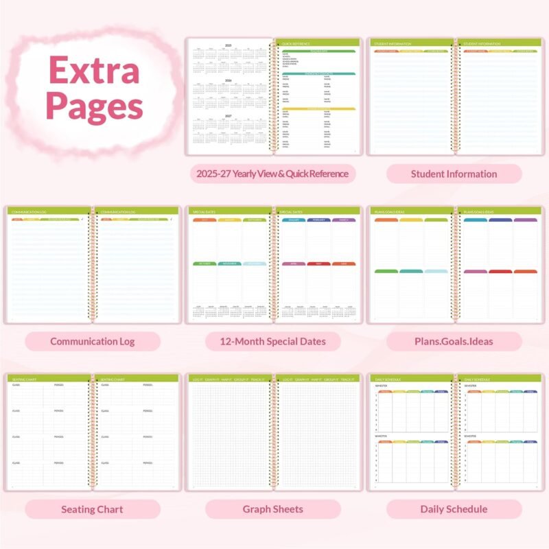 SUNEE Deluxe Teacher Planner 2025-2026, Lesson Planner Book with 7 Periods Jul 2025 - Jun 2026, 8.5" x 11" Daily Weekly and Monthly Organizers with Colorful Tabs, Planning Stickers,120gms Paper, Pink - Image 6