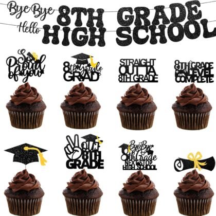 Bye Bye 8th Grade Hello High School Banner and Cupcake Toppers,Class of 2025 8th Grade Middle School Graduation Party Decorations Supplies