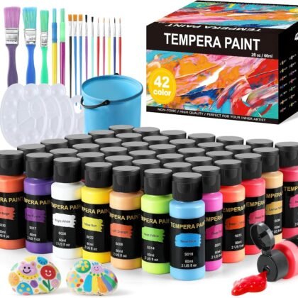 TMOL Washable Paint for Kids 42 Colors,Non-Toxic, Safe & Washable for Toddlers, Tempera Paint with Brushes, Palette & Bucket, School Project Art Supplies