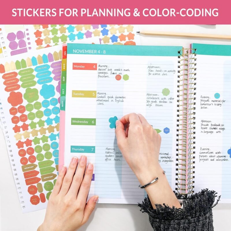 SUNEE Deluxe Teacher Planner 2025-2026, Lesson Planner Book with 7 Periods Jul 2025 - Jun 2026, 8.5" x 11" Daily Weekly and Monthly Organizers with Colorful Tabs, Planning Stickers,120gms Paper, Pink - Image 7