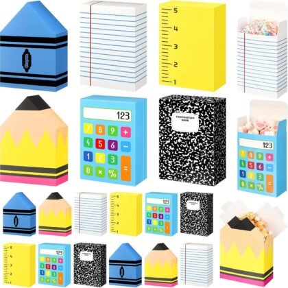 AmazingSpark 24 Pcs Back to School Supplies Gift Treat Boxes First Day of School Pencil Boxes Paper Candy Popcorn Holder Notebook Calculator Crayons Style for Teacher Classroom Welcome Back Decor