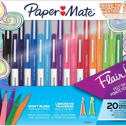 Paper Mate Flair Felt Tip Pens, Bold and Medium Point, 0.7 mm, Assorted Colors, Pack of 20 Pens